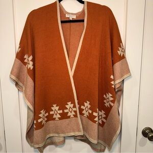 Warm & Cozy | Women's Poncho Sweater | Aztec Print | White & Orange | Medium‎